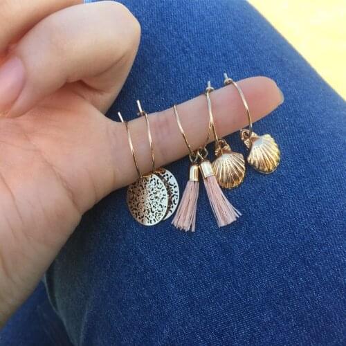 Lovely Gold Color Plating Super Thin Hoop with Cute Charm Metallic Shell Filigree Thread Tassel Earrings For Girl Party Jewelry