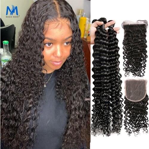 28 30 inch Deep Wave Bundles With Lace Closure Peruvian Remy Double Drawn Bundle With 4x4 Lace Closure Hair Weaves Water Curly