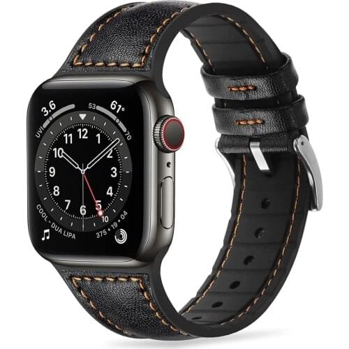 Compatible with Apple Watch Band 44mm 40mm iwatch se series 6 5 4 3 42mm 38mm strap Genuine Leather with Soft Silicone bands