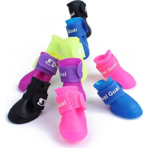 4PCS/set Lovely Dog Shoes Puppy Candy Colors Rubber Boots Waterproof Pet Rain Shoes Size S/M/L