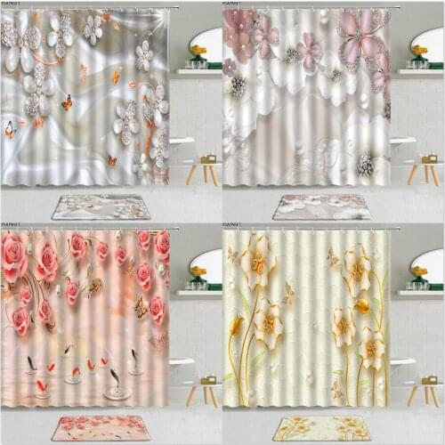2Pcs Chinese Style Luxury Diamond Flower Shower Curtain Fantasy Floral Butterfly Pattern Bathroom Non-Slip Bath Mat Curtains Set