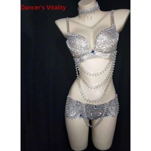 Silver full pearl rhinestone beaded bra brief set ladies dancer bar performance bikini prom wear party costume set