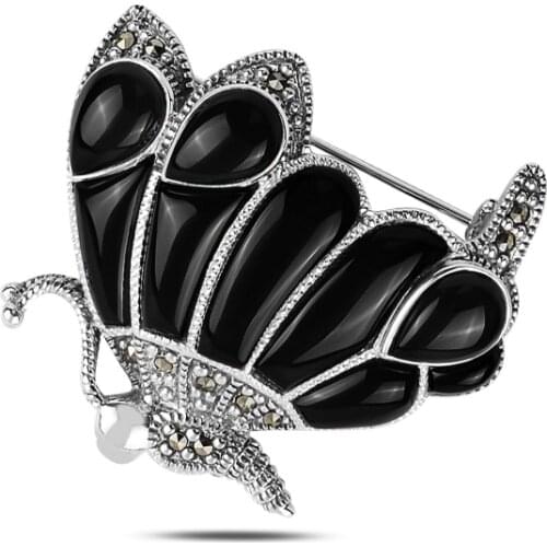 Silverlina Silver Butterfly Natural Stone & Marcasite Gemstone Brooch