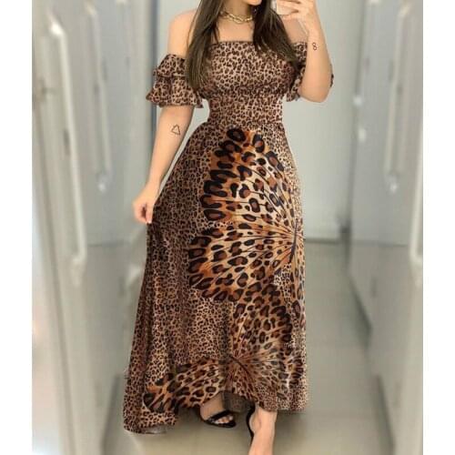 Off Shoulder Party Dresses Women Lady Ruffle Leopard Print Flare Long Sundress Sexy Ladies Strappy Slash neck Vestido