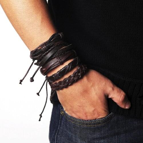 DAXI Vintage Tribal Bracelet Men Multi-layer Leather Bracelets Cuff Lace Weave Rope Bracelet & Bangle Male Wrist Band Ethnic