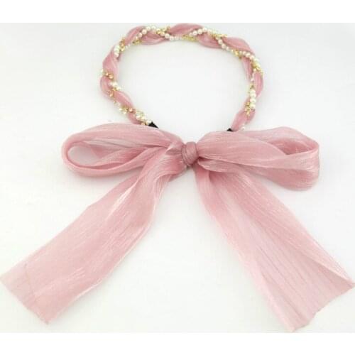 Women Girls Pearl Rhinestone Plaits Braid Chiffon Headband Hairbands Bow Knot Floaty Floral Printing Bridal Hair Accessories