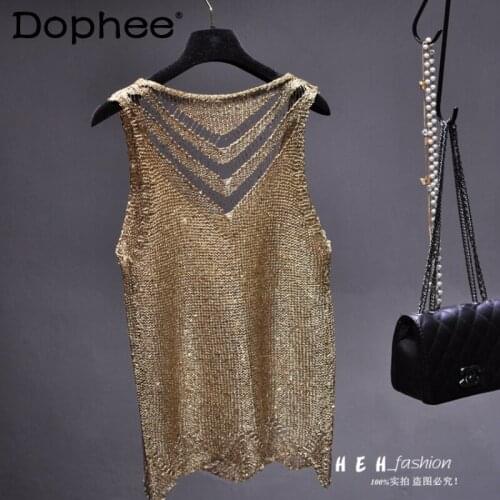 Vintage Sequined Sexy Hollow Camisole Tank Top Women 2021 Bright Silk Sleeveless T-shirt Slim Sleeveless Knit Sweater Vest Tops