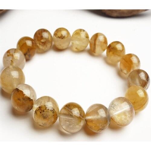 Women Femme Charm Stretch 14mm Genuine Natural Yellow Petrified Wood Quartz Crystal Round Bead Bracelet