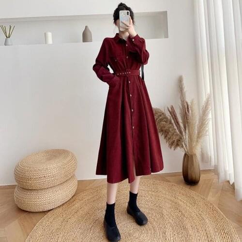 2021 Women Autumn Fashion French Loose Corduroy Dress Female Long Single-breasted Dresses Ladies Long Sleeve Loose Vestidos T449