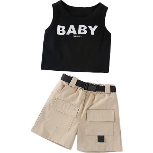 Little Girl Vest Set Letter Print Sleeveless Crew Neck Tops + Solid Color Short Pants with Belt and Pocket 2-piece Suits 1--6Y