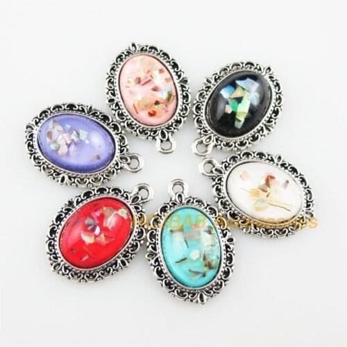 12 New Oval Flower Resin Pendants Shivering Mixed Charms Tibetan Silver 16x23mm