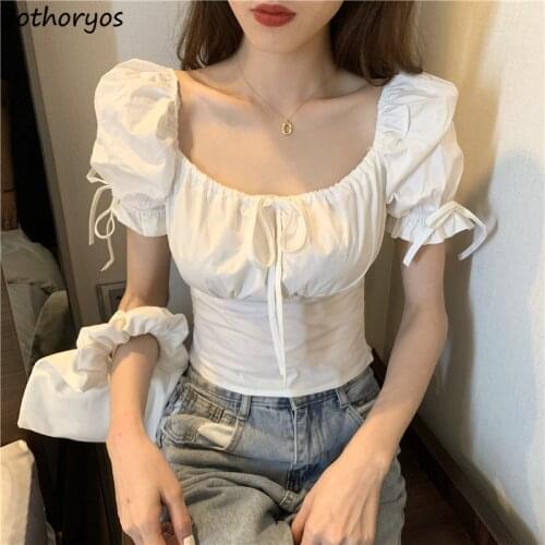 Blouses Women Lace Up Puff Sleeves Kawaii Square Collar Bows Shirring Females Solid Shirts Elegant Slim Korean Style Streetwear