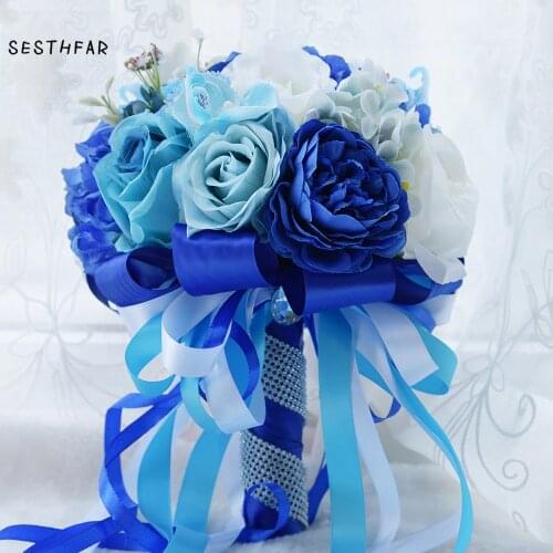 Best Bride bouquet Artificial Flowers Royal Blue with white Rose Wedding Bridal Bouquet Fast Shipping
