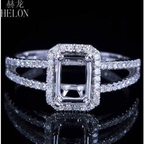 HELON Solid 14k White Gold AU585 Pave Natural Diamonds Fine Jewelry Semi Mount Engagement Ring Setting Fit Emerald Cut 7x5mm