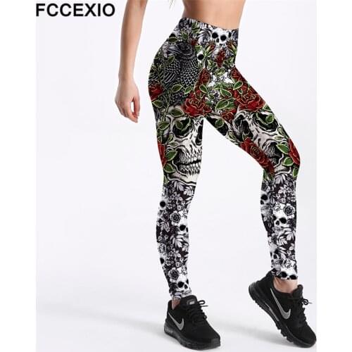 FCCEXIO Rose Skull 3D Print Sexy High Waist Elasticity Leggings Push Up Strength Pants New Fitness Women Seamless Trousers