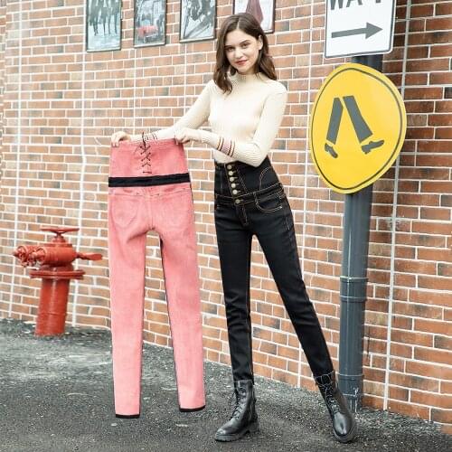 2021 New Winter Thick Warm Skinny Pencil Jeans Women Slim Fit Velvet Warm High Waisted Stretch Jeans Fleece Denim Jeans