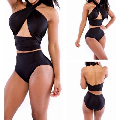 New Popular Bikini Mujer Set High Waisted 2 Pieces Women Swimsuit Bandage Strap Back Swimwear Solid Beachwear Kупальник Женский
