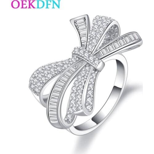 OEKDFN S925 Sterling Silver Ring For Women Micro Inlay Created Zircon Gemstone Engagement Wedding Jewelry Bowknot Women Rings