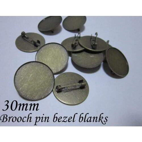 Bulk 200piece/lot 30mm cameo setting antique bronze brass metal safety pin brooch bezel blanks, brooch base