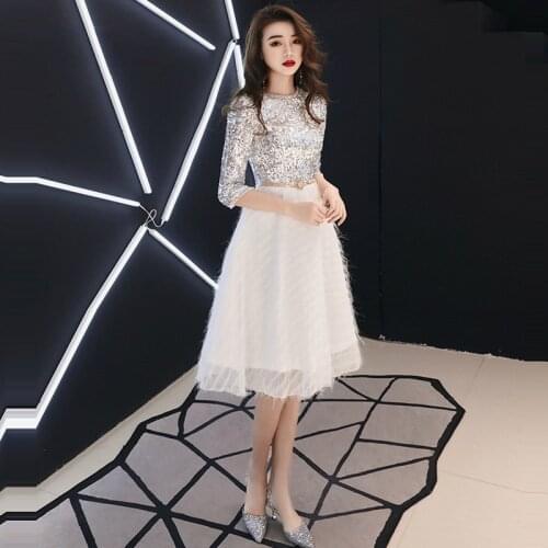 Sequin Prom Dresses Sparkling O-Neck Women Party Sliver White Half Sleeve Vestidos De Fiesta