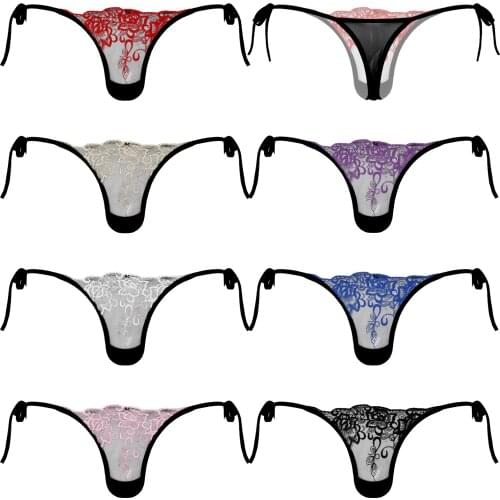 Breathable Men Lace G-String Underwear Seamless See-through Mesh Embroidered Thongs Low Waist Lace-Up Sissy Underpants T-Back