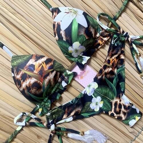 Floral vintage Brazilian Bikini Thong Sexy Halter Swim Bathing Suit 2 Pieces Women Swimsuit Mini Bikini String Push Up Swimwear