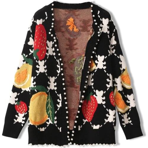 2020 Autumn And Winter Jacquard Vintage Knitted Cardigans Sweater Pearl Beads Jacket Coat Lady Loose Streetwear V Neck Outwear