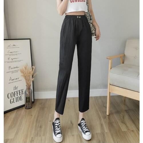 2021The New Women Cotton Pants Summer Elastic Waist Loose Casual Harem Pants Womens Pocket Cotton Linen Trousers