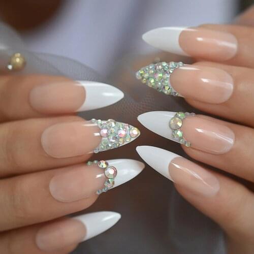 3D Rhinestones AB Gems Nude White French Stiletto Sharp False Fake Nails Extra Long Press on Party Finger Wear 24pcs UV Nail Tip