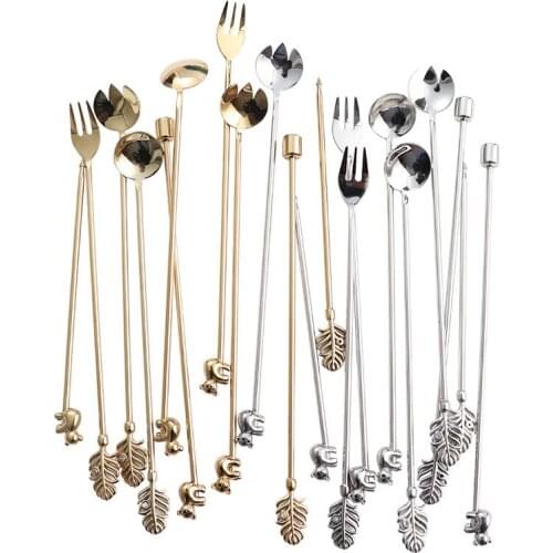 Stainless Steel Gold Coffee Spoon set Long Handle Ice Cream Dessert Stir Spoons Sliver Fruit Fork Creative Bar Utensils 5pcs