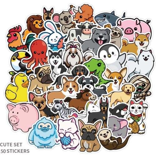 50pcs/set cute animals Stickers Waterproof Stickers dog pig cat Laptop Stickers Decals for Water Bottles Luggage Bike Stickers