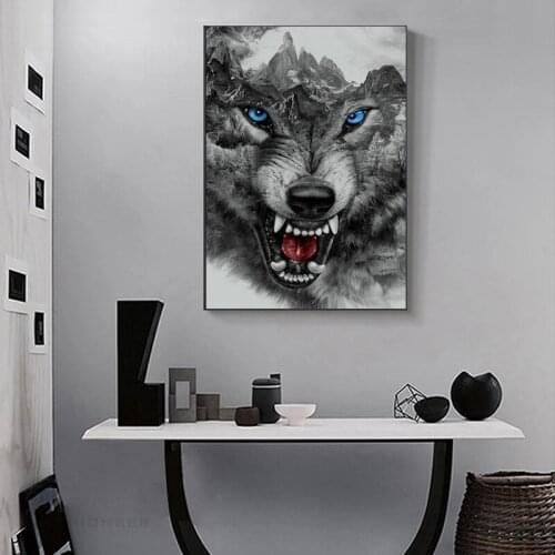 Abstract Animals Black White Angry Wolf Posters and Prints Canvas Painting on the Wall Art Picture for Living Room Home Decor