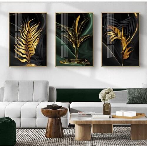 Abstract Plant Poster Golden Green Black Leaf Modern Canvas Painting Wall Art Print Picture Nordic Living Room Home Decoration