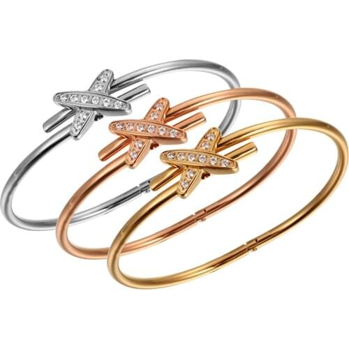 Fashion Cross Shape Cubic Zirconia Pave Bracelets Rose Gold Color Stainless Steel Bangle Bracelets for Women Party Gift