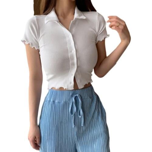 Women Close-fitting Shirt White Solid Color Turn-down Collar Short Sleeve Crop Tops