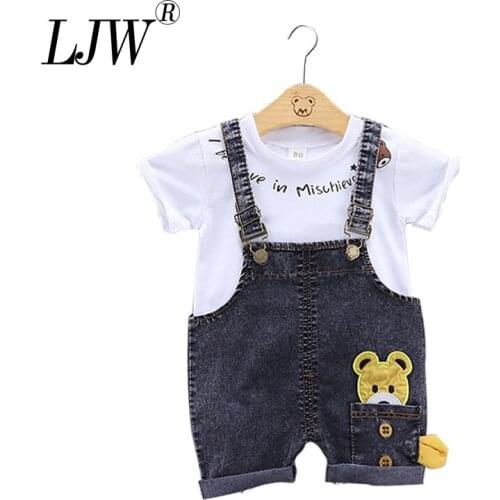 Cute Bear Short Sleeve T shirt+ denim overalls 2021 summer new Baby girls boys suit cartoon two-piece summer suit