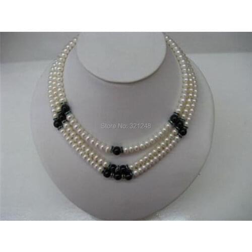 Pretty! Charming 3 Rows 6-7mm fashion White Natural Pearl Black carnelian stone round beads Necklace 17-19inch BV363