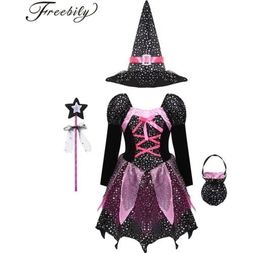 Kids Girls Witch Fancy Cosplay Costumes Silver Stars Dress with Pointed Hat Wand Candy Bag Set Witches Carnival Halloween Outfit