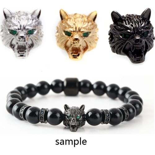 1pcs CZ Micro Pave Wolf Head Beads Cubic Zirconia Spacer Metal Bead Animal gold Beads for Jewelry Making diy bracelet lots bulk