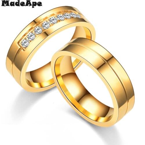 MadApe Trendy Wedding Bands Rings for Women / Men Love Gold-color Stainless Steel CZ Promise Jewelry Couple Gift