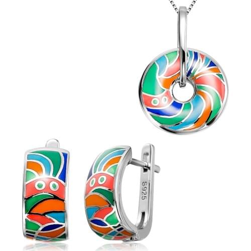 OGULEEE Silver 925 Jewelry Sets for Women Necklace & Earrings Like Colorful Terraces Idyllic Scenery Round Pendant DIY Gifts