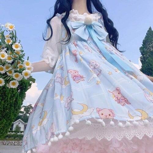 Japanese Lolita Dress Blue Pink Yellow JSK Bear Rabbit Print Daily Sling Dress Sweet Cute Kawaii Girls Princess Tea Party loli