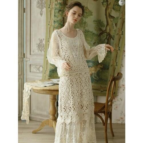 Free Shipping 2018 New Summer Women Long Dress Cotton Lace Vintage Dress Lantern Sleeve Hollow Hook Lace Free Size Dress