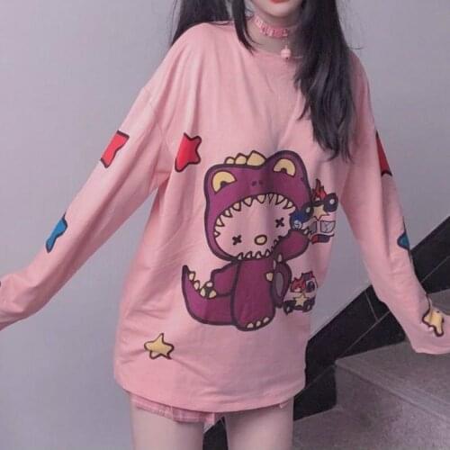 QWEEK Kawaii Tshirt Women Korean Style Fashion 2020 Anime Print T Shirt Women Long Sleeve Loose Cute Tops White Graphic Tees