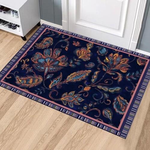 Retro Ethnic Flower Rug Bedroom Flannel Bathroom Rug Long Non-slip Kitchen Mat Bedside Mat Hallway Rug Doormat Washable Machine