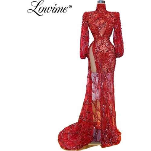 Beading Dubai Evening Dress Long Sleeves High Split Slit Prom Dresses Middle East Saudi Arabia Formal Dress Women Party Gowns