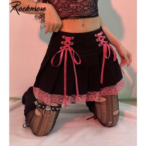 Rockmore Gothic High Waist Pleated Skirts Women Dark Academia Short Skirt Criss Cross Straps Lace Sexy Y2K Aesthetic Dance Skirt