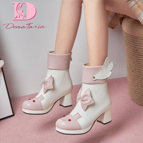 DoraTasia Large Size 43 2021 Autumn Ankle Boots Women Platform Chunky High Heels Bowknot Animal Wing Girls Boots Cute Shoes