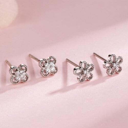 Womens South Korea Simple Small Mini Flower Earrrings Fashion Simple Elegant Four Five Petals Flower Rhinestone Ear Studs