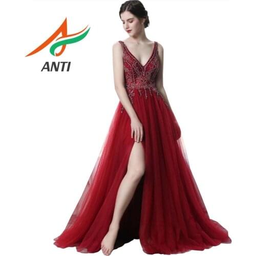 ANTI Evening Dresses Long 2019 Beading Crystal Sexy Bride Banquet Elegant Floor-length Formal Party Gowns Robe De Soiree Custom